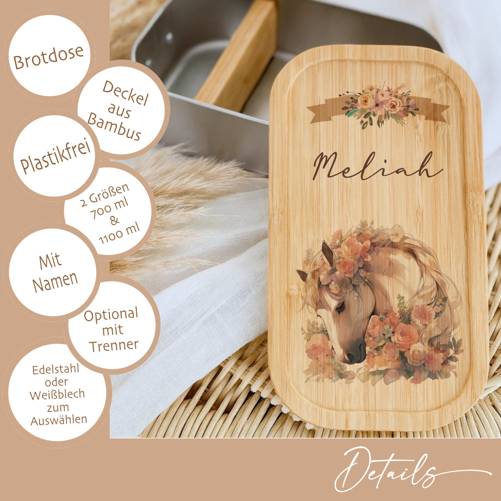 Lunchbox "Pony Pferd" wählbar in Edelstahl mit Bambusdeckel und Namen für Mädchen | Brotdose Pferdemädchen | Personalisiertes Geschenk für Kinder