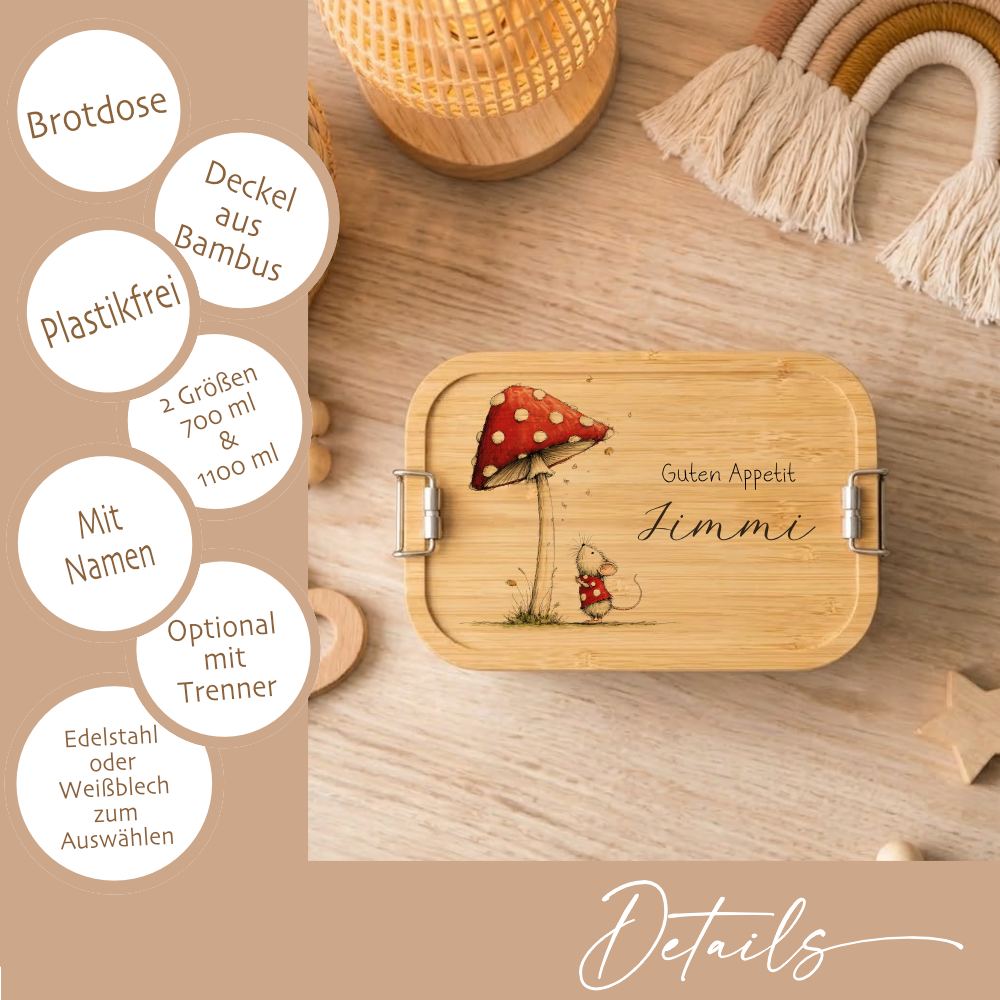 Personalisierte Kinder Brotdose mit Bambusdeckel – Süße Maus Motive im Boho-Stil – Edelstahl & Weißblech