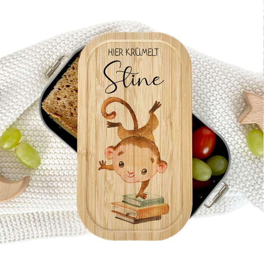 Lunchbox "Affe" wählbar in Edelstahl mit Bambusdeckel und Namen für Kinder | Brotdose mit Affenmotiv | Personalisiertes Geschenk für Kinder