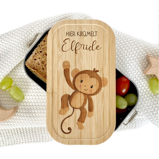 Brotdose "Affe" wählbar in Edelstahl mit Bambusdeckel und Namen für Kinder | Lunchbox mit Affemotiv | Personalisiertes Geschenk für Kinder