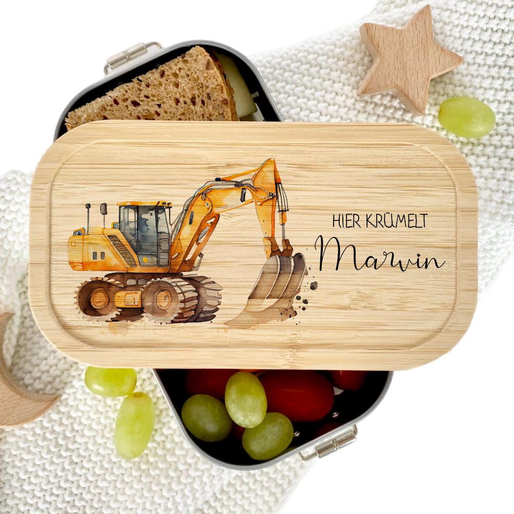 Brotdose "Bagger" wählbar in Edelstahl mit Bambusdeckel und Namen für Kinder | Lunchbox mit Baufahrzeug | Personalisiertes Geschenk für Kinder