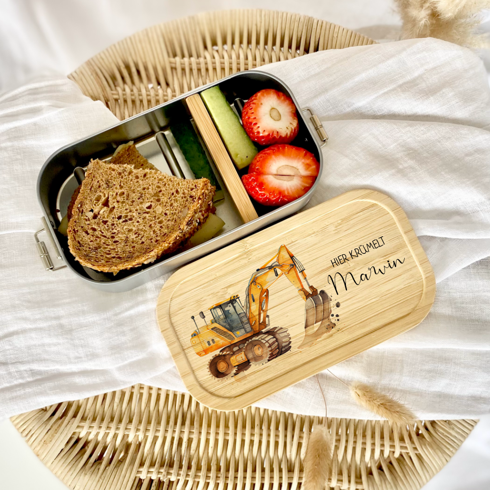 Brotdose "Bagger" wählbar in Edelstahl mit Bambusdeckel und Namen für Kinder | Lunchbox mit Baufahrzeug | Personalisiertes Geschenk für Kinder