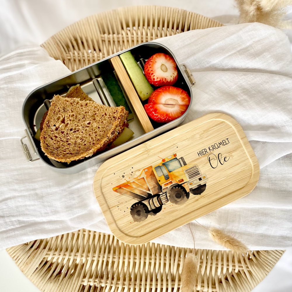 Lunchbox "LKW" wählbar in Edelstahl mit Bambusdeckel und Namen für Kinder | Brotbox mit Kipper, Baufahrzeug Motiv | Personalisiertes Geschenk für Kinder