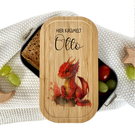 Brotdose "Roter Drache" wählbar in Edelstahl mit Bambusdeckel und Namen für Kinder | Lunchbox "Drache" | Personalisiertes Geschenk für Kinder