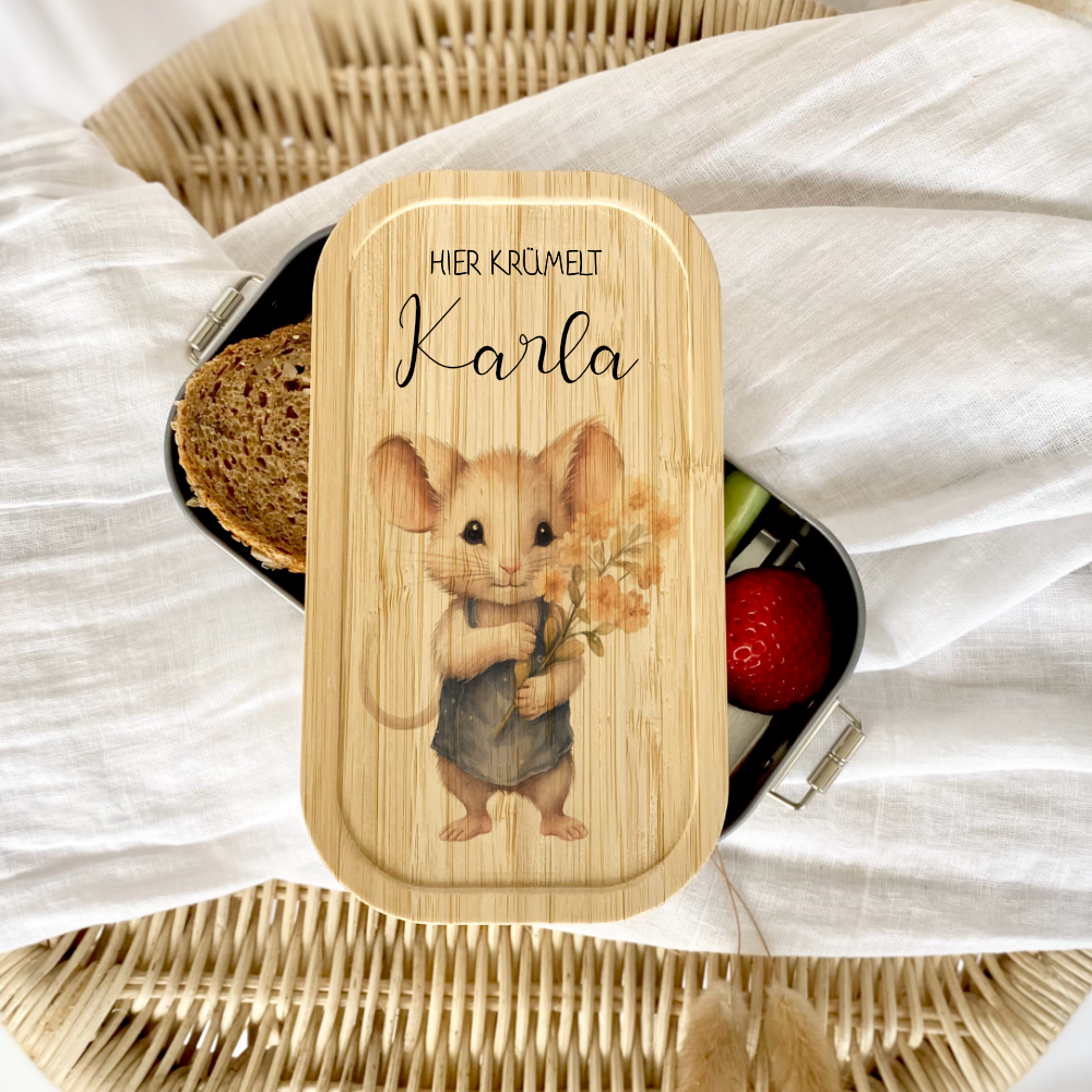 Lunchbox "Maus" wählbar in Edelstahl mit Bambusdeckel und Namen für Kinder | Brotdose mit Maus Motiv | Personalisiertes Geschenk für Kinder
