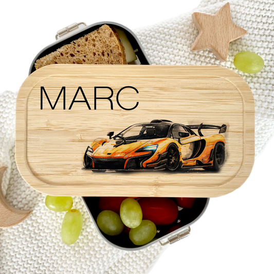 Lunchbox "Rennauto" wählbar in Edelstahl mit Bambusdeckel und Namen für Kinder | Brotdose mit Auto Rennwagen Sportwagen Motiv | Personalisiertes Geschenk für Kinder