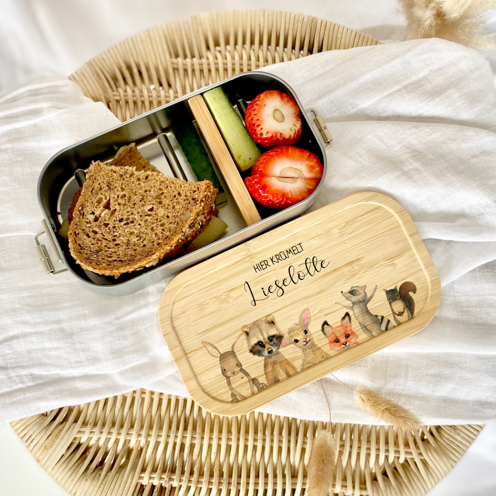 Lunchbox "Tiere" wählbar in Edelstahl mit Bambusdeckel und Namen für Kinder | Brotdose mit Tiermotiv | Personalisiertes Geschenk für Kinder