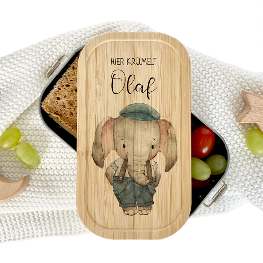 Brotdose "Niedlicher Elefant" wählbar in Edelstahl mit Bambusdeckel und Namen für Kinder | Lunchbox "Tiermotiv" | Personalisiertes Geschenk für Kinder