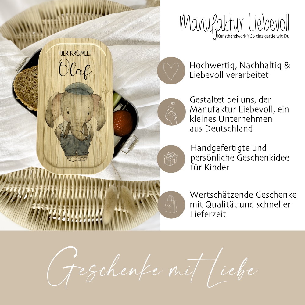 Brotdose "Niedlicher Elefant" wählbar in Edelstahl mit Bambusdeckel und Namen für Kinder | Lunchbox "Tiermotiv" | Personalisiertes Geschenk für Kinder