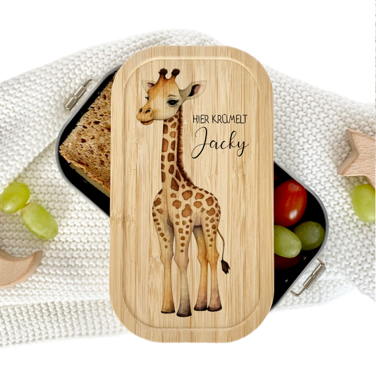 Brotdose "Safari" wählbar in Edelstahl mit Bambusdeckel und Namen für Kinder | Lunchbox "Giraffe" | Personalisiertes Geschenk für Kinder