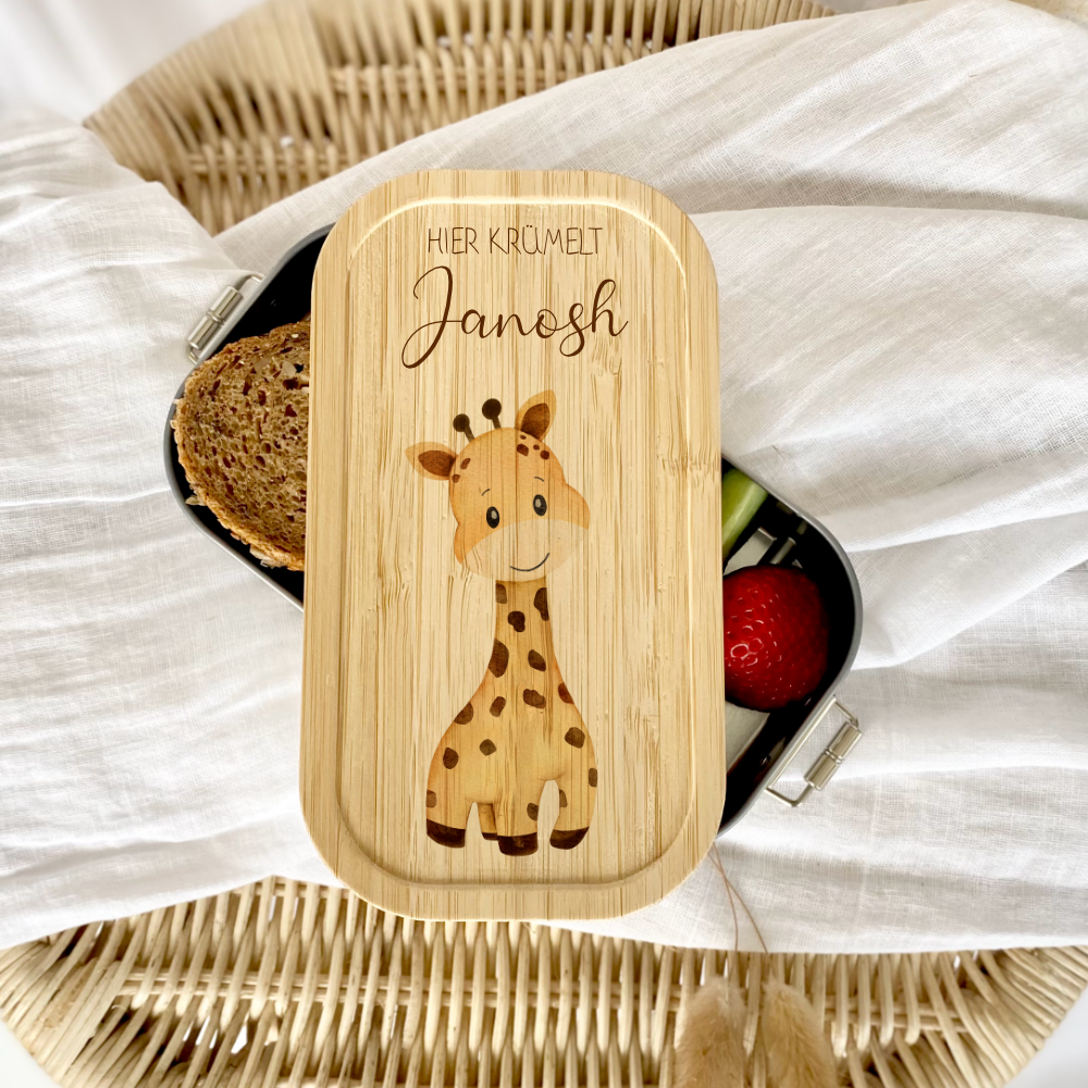 Brotdose "Giraffe" wählbar in Edelstahl mit Bambusdeckel und Namen für Kinder | Lunchbox "Safari" | Personalisiertes Geschenk für Kinder