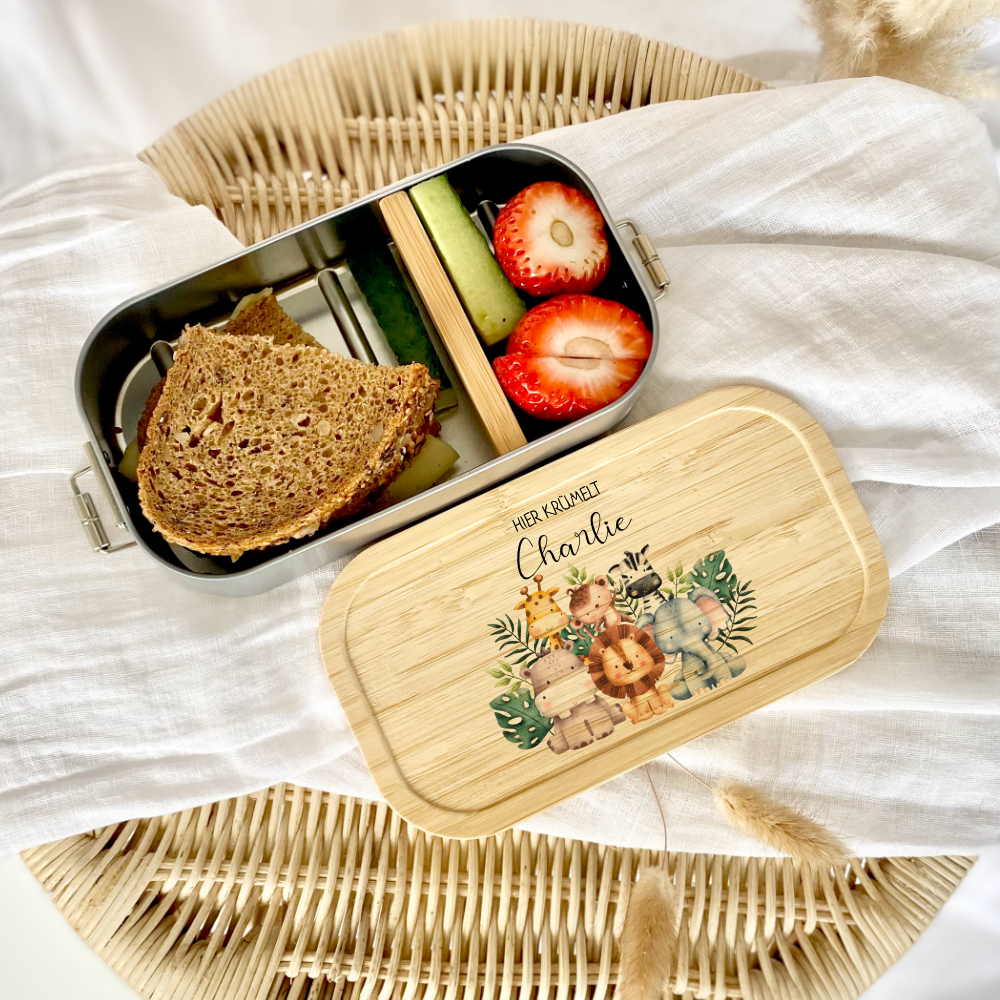 Lunchbox "Safari Tiere" wählbar in Edelstahl mit Bambusdeckel und Namen für Kinder | Brotdose mit Tiermotiv | Personalisiertes Geschenk für Kinder
