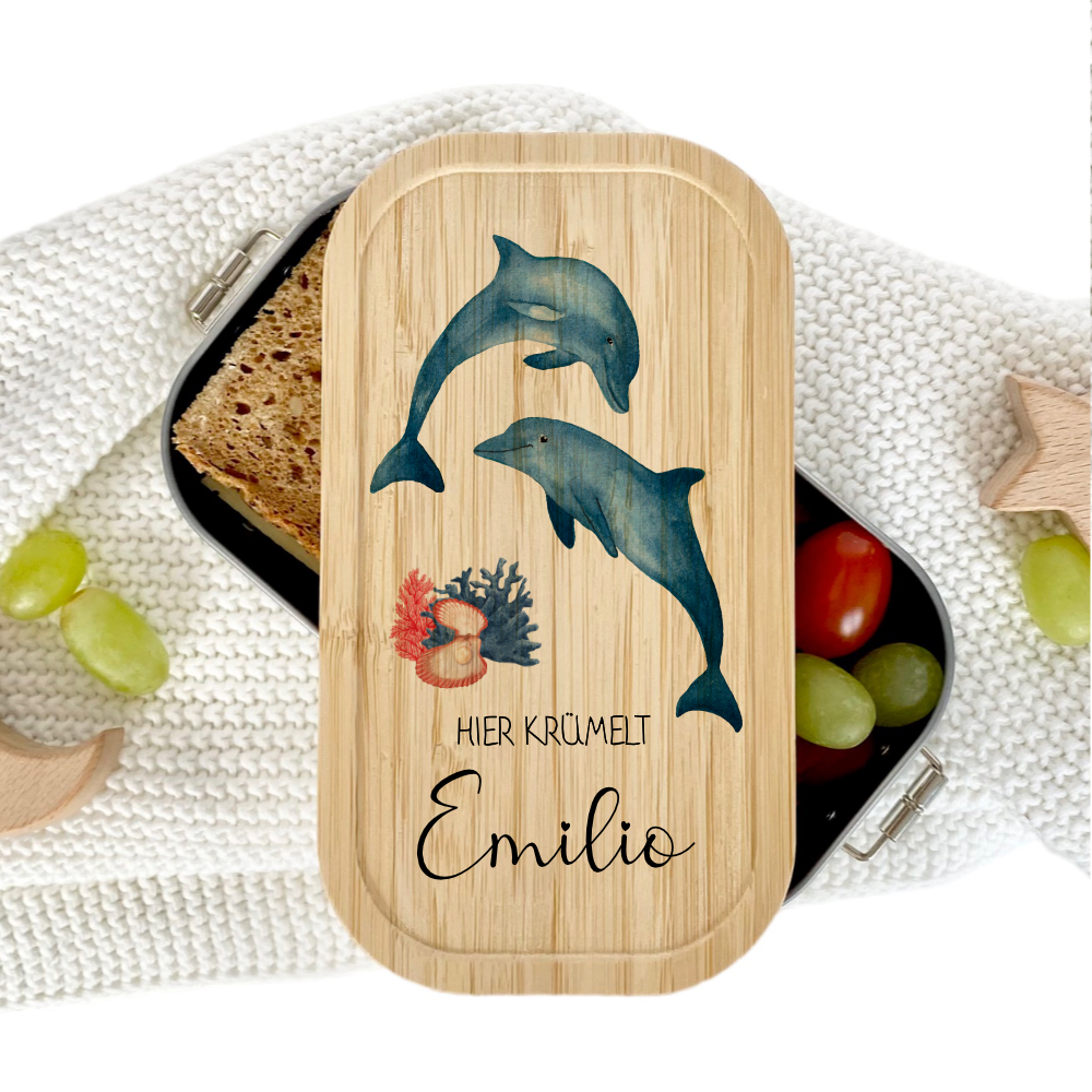 Brotdose "Delfine" wählbar in Edelstahl mit Bambusdeckel und Namen für Kinder | Lunchbox "Meerestiere" | Personalisiertes Geschenk für Kinder