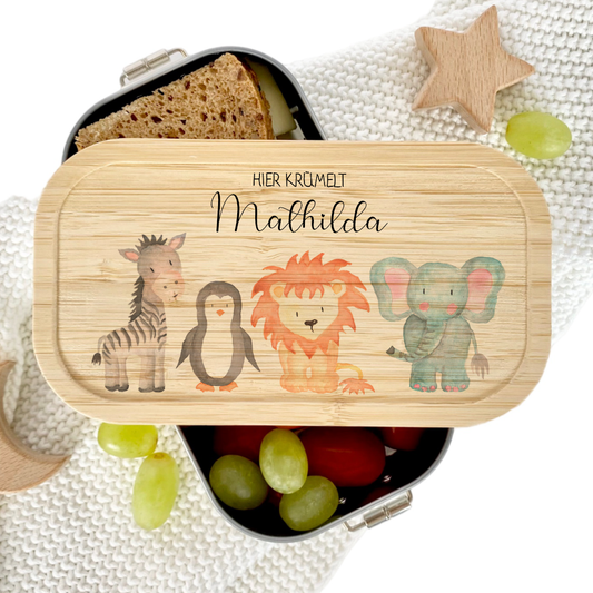 Lunchbox "Aquarell Tiere" wählbar in Edelstahl mit Bambusdeckel und Namen für Kinder | Brotdose mit Tiermotiv | Personalisiertes Geschenk für Kinder