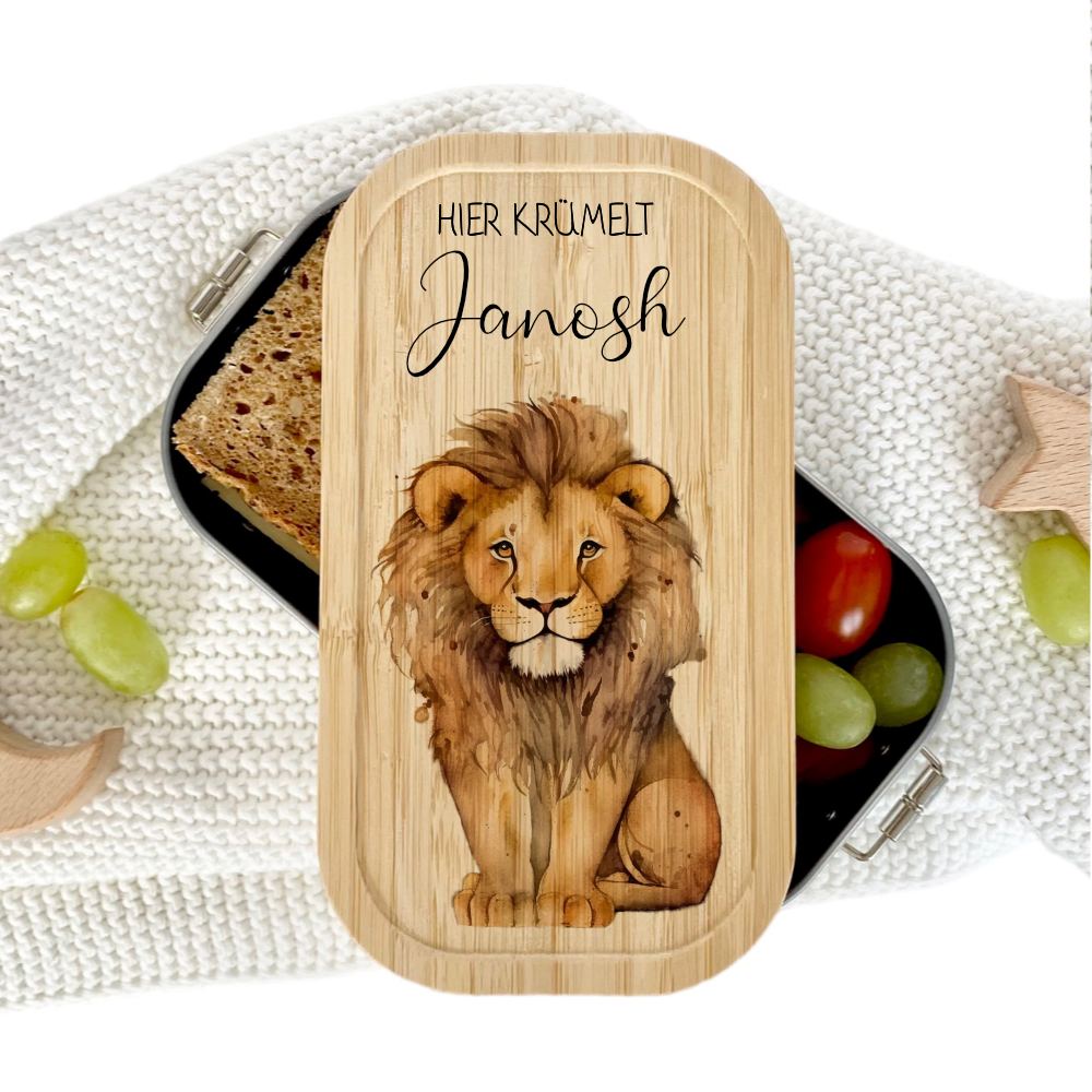 Brotdose "Löwe" wählbar in Edelstahl mit Bambusdeckel und Namen für Kinder | Brotdose mit Tier Safari Motiv | Personalisiertes Geschenk für Kinder