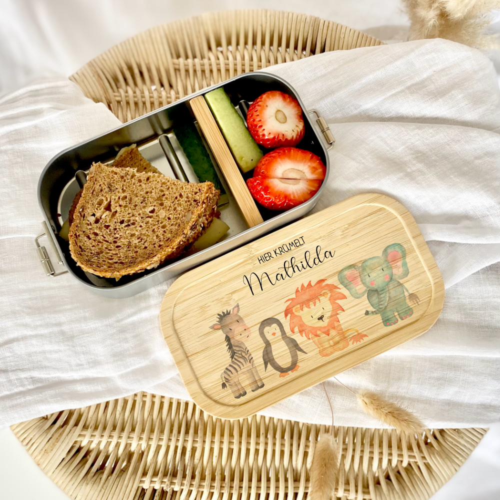 Lunchbox "Aquarell Tiere" wählbar in Edelstahl mit Bambusdeckel und Namen für Kinder | Brotdose mit Tiermotiv | Personalisiertes Geschenk für Kinder