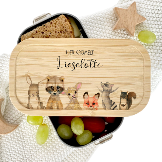 Lunchbox "Tiere" wählbar in Edelstahl mit Bambusdeckel und Namen für Kinder | Brotdose mit Tiermotiv | Personalisiertes Geschenk für Kinder