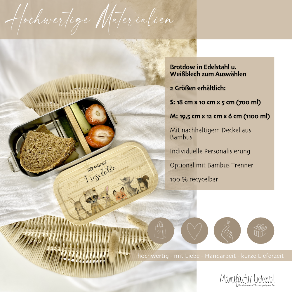 Personalisierte Edelstahl-Lunchbox Mit Bambusdeckel – Brotdose Mit Gravur, Trennwand & 1400 Ml Fassungsvermögen
