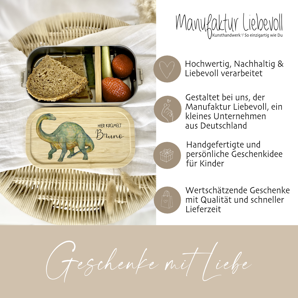 Brotdose "Dinosaurier" wählbar in Edelstahl mit Bambusdeckel und Namen für Kinder | Lunchbox "Dino" | Personalisiertes Geschenk für Kinder