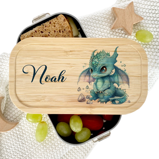 Brotdose "Blauer Drache" wählbar in Edelstahl mit Bambusdeckel und Namen für Kinder | Lunchbox "Fabelwesen" | Personalisiertes Geschenk für Kinder