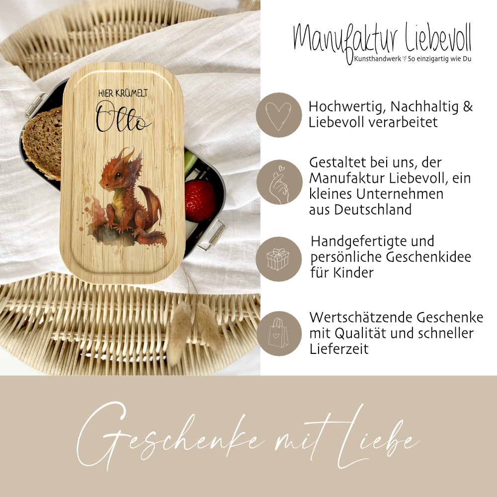 Brotdose "Roter Drache" wählbar in Edelstahl mit Bambusdeckel und Namen für Kinder | Lunchbox "Drache" | Personalisiertes Geschenk für Kinder