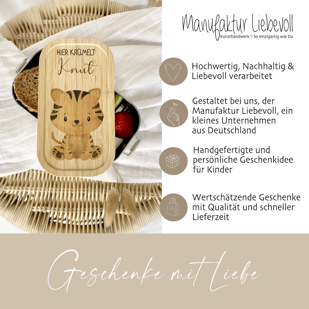 Lunchbox "Tiger" wählbar in Edelstahl mit Bambusdeckel und Namen für Kinder | Brotdose mit Tiermotiv | Personalisiertes Geschenk für Kinder