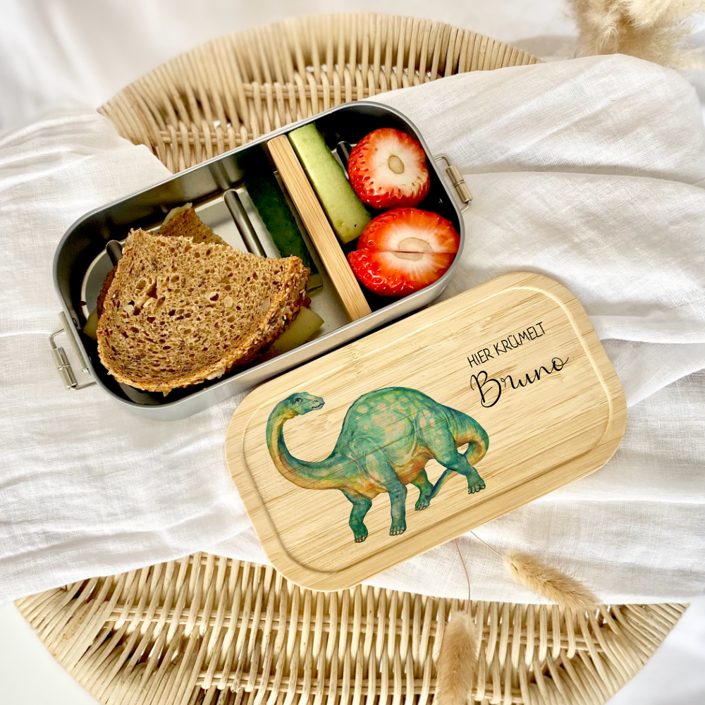 Brotdose "Dinosaurier" wählbar in Edelstahl mit Bambusdeckel und Namen für Kinder | Lunchbox "Dino" | Personalisiertes Geschenk für Kinder