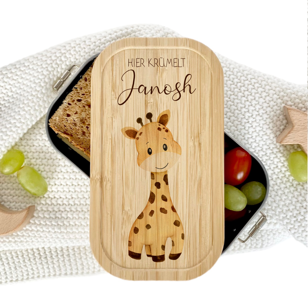 Brotdose "Giraffe" wählbar in Edelstahl mit Bambusdeckel und Namen für Kinder | Lunchbox "Safari" | Personalisiertes Geschenk für Kinder
