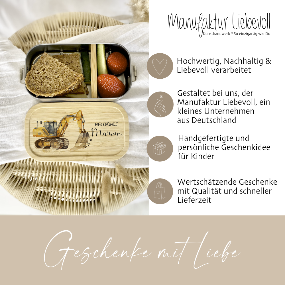 Brotdose "Bagger" wählbar in Edelstahl mit Bambusdeckel und Namen für Kinder | Lunchbox mit Baufahrzeug | Personalisiertes Geschenk für Kinder