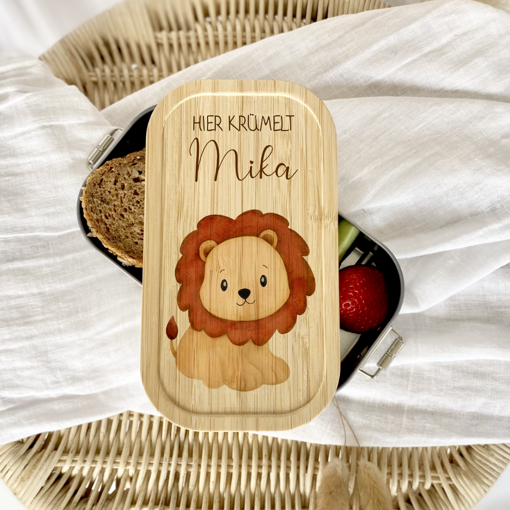 Lunchbox "Löwe" wählbar in Edelstahl mit Bambusdeckel und Namen für Kinder | Brotdose mit Tier Safari Motiv | Personalisiertes Geschenk für Kinder
