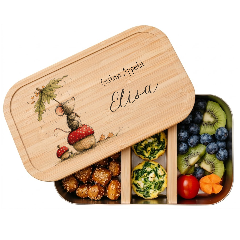 Personalisierte Kinder Brotdose mit Bambusdeckel – Süße Maus Motive im Boho-Stil – Edelstahl & Weißblech