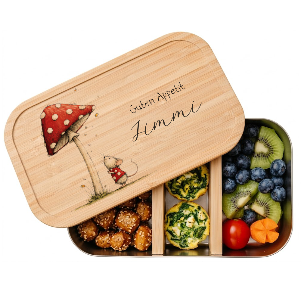 Personalisierte Kinder Brotdose mit Bambusdeckel – Süße Maus Motive im Boho-Stil – Edelstahl & Weißblech