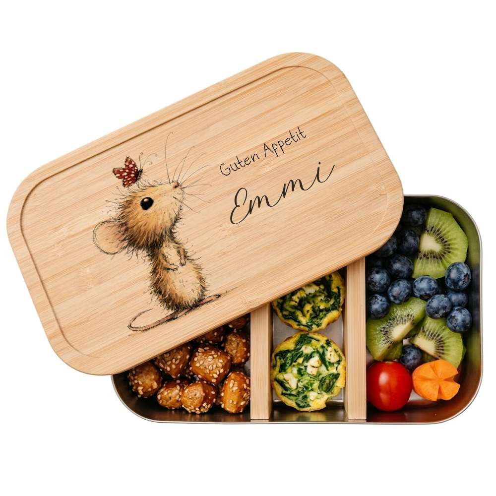 Personalisierte Kinder Brotdose mit Bambusdeckel – Süße Maus Motive im Boho-Stil – Edelstahl & Weißblech