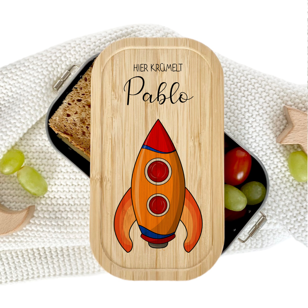 Lunchbox "Rakete" wählbar in Edelstahl mit Bambusdeckel und Namen für Kinder | Brotdose mit Weltall Weltraum Motiv | Personalisiertes Geschenk für Kinder