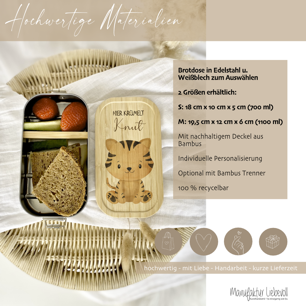 Lunchbox "Tiger" wählbar in Edelstahl mit Bambusdeckel und Namen für Kinder | Brotdose mit Tiermotiv | Personalisiertes Geschenk für Kinder
