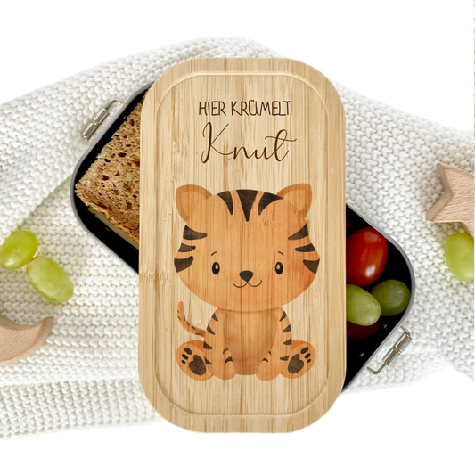 Lunchbox "Tiger" wählbar in Edelstahl mit Bambusdeckel und Namen für Kinder | Brotdose mit Tiermotiv | Personalisiertes Geschenk für Kinder