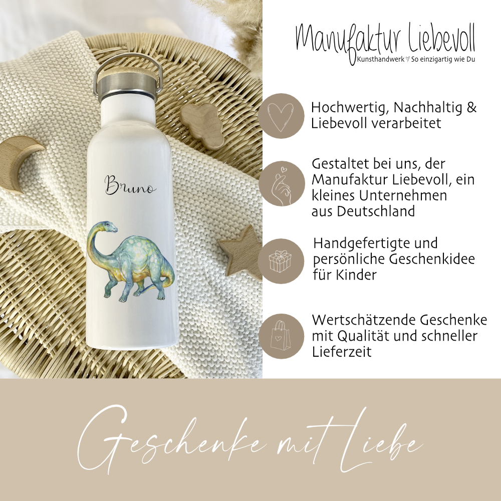 Kinder Trinkflasche Dino mit Namen als Geschenkidee für Kinder