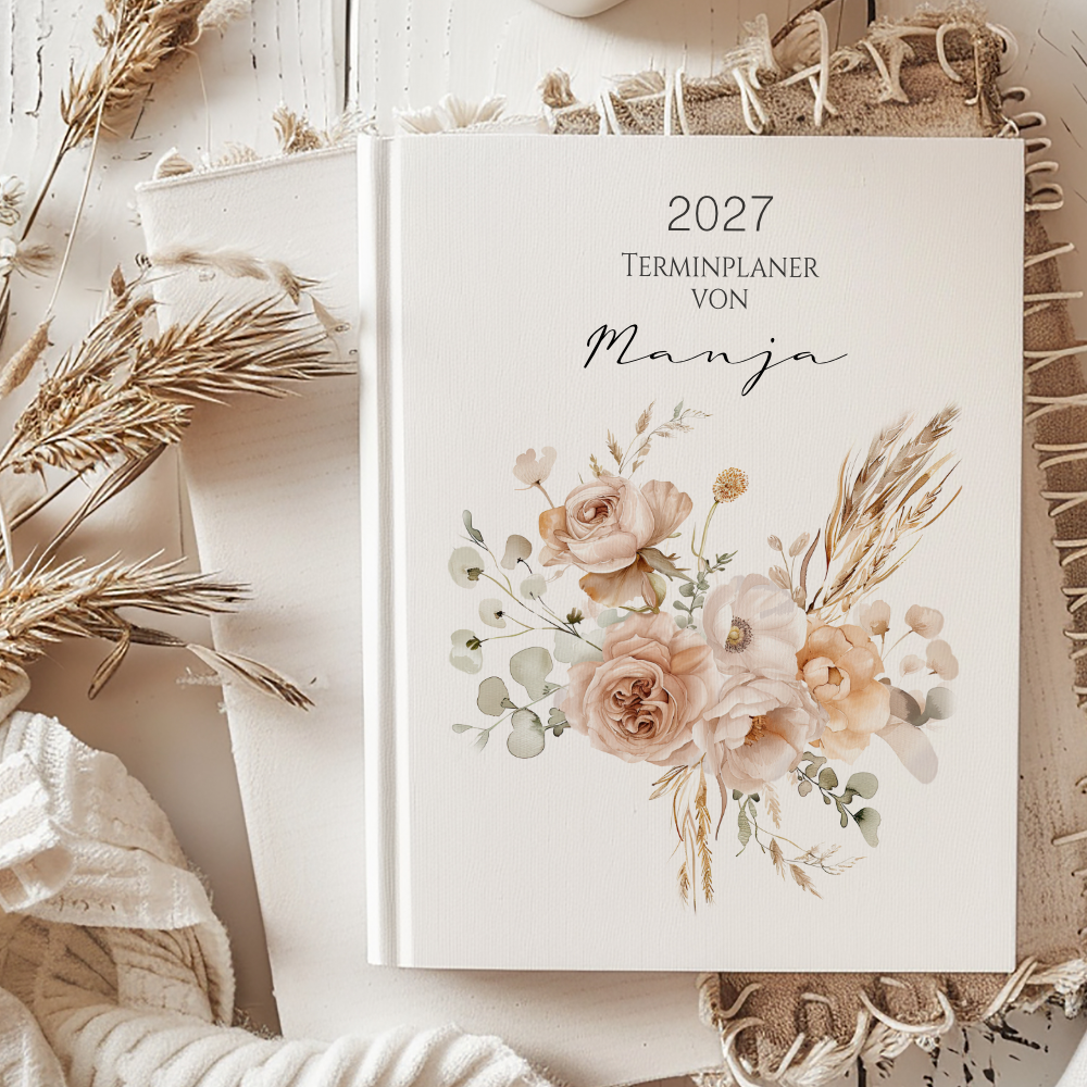 Personalisierter Terminplaner 2027 Din A5 | Hardcover Buchkalender mit Name | Florales & Boho Design