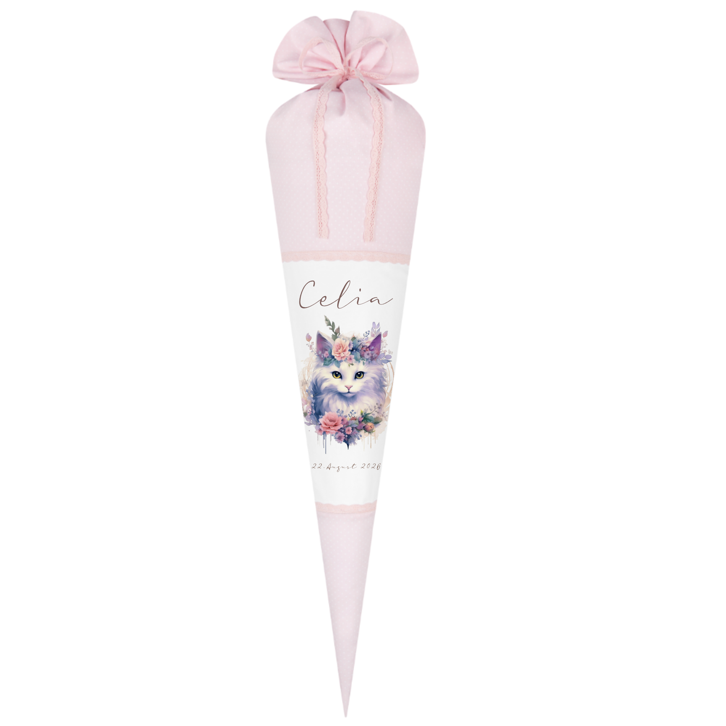 Personalisierte Rosa Stoff Schultüte Katze Mädchen Name Blumen Boho Vintage Einschulungstüte Zuckertüte 70 cm | Optional mit Füllkissen und Spitzenschutz