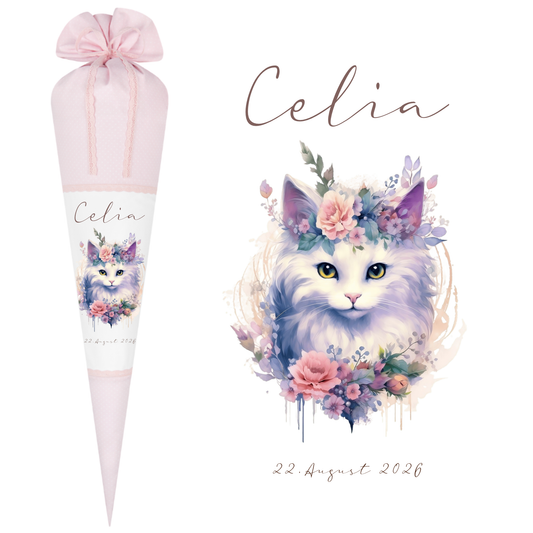 Personalisierte Rosa Stoff Schultüte Katze Mädchen Name Blumen Boho Vintage Einschulungstüte Zuckertüte 70 cm | Optional mit Füllkissen und Spitzenschutz
