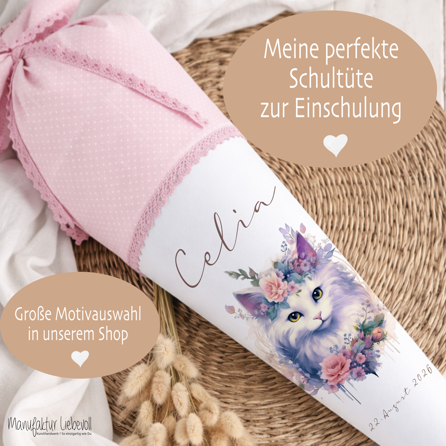 Personalisierte Rosa Stoff Schultüte Katze Mädchen Name Blumen Boho Vintage Einschulungstüte Zuckertüte 70 cm | Optional mit Füllkissen und Spitzenschutz