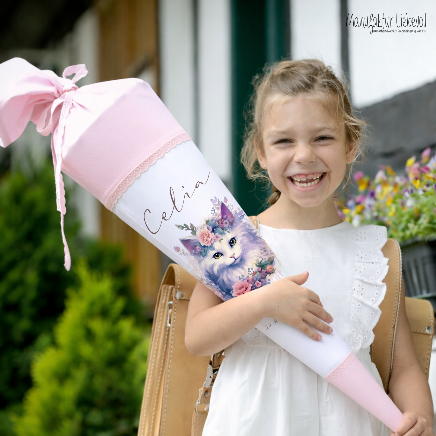 Personalisierte Rosa Stoff Schultüte Katze Mädchen Name Blumen Boho Vintage Einschulungstüte Zuckertüte 70 cm | Optional mit Füllkissen und Spitzenschutz