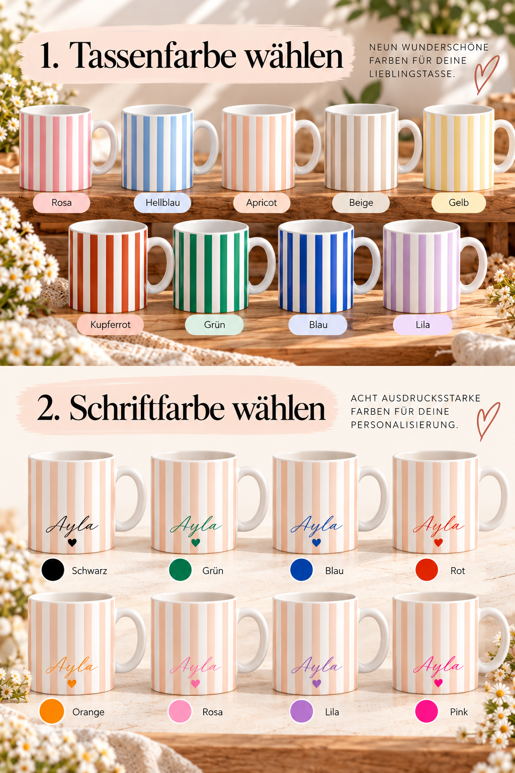 Personalisierte Keramiktasse mit Name – gestreifte Tasse mit Herz
