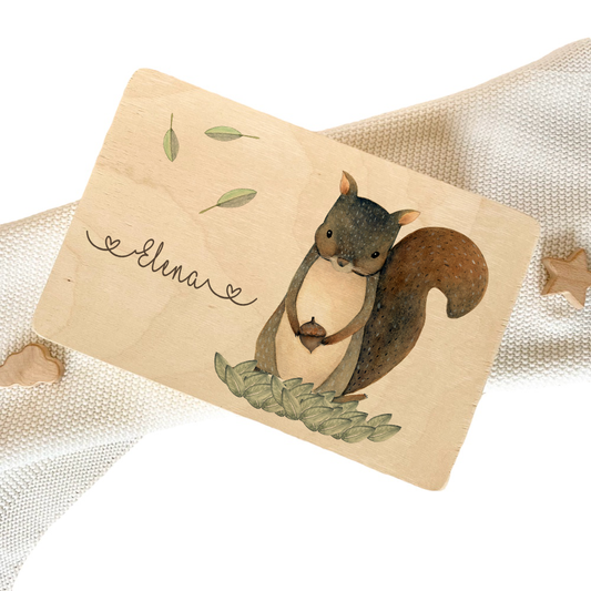 Personalisierte Erinnerungskiste "Eichhörnchen" als Motiv für Babys zur Geburt und Taufe, Babygeschenk mit dem Namen, Holzkiste