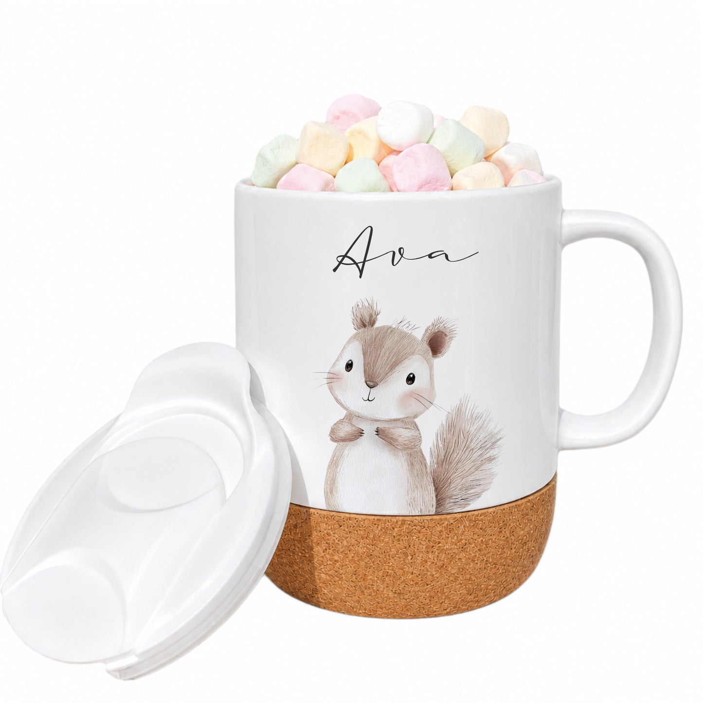 Personalisierte Kindertasse mit Name – Keramiktasse mit Korkboden & Deckel | 12 Tiermotive