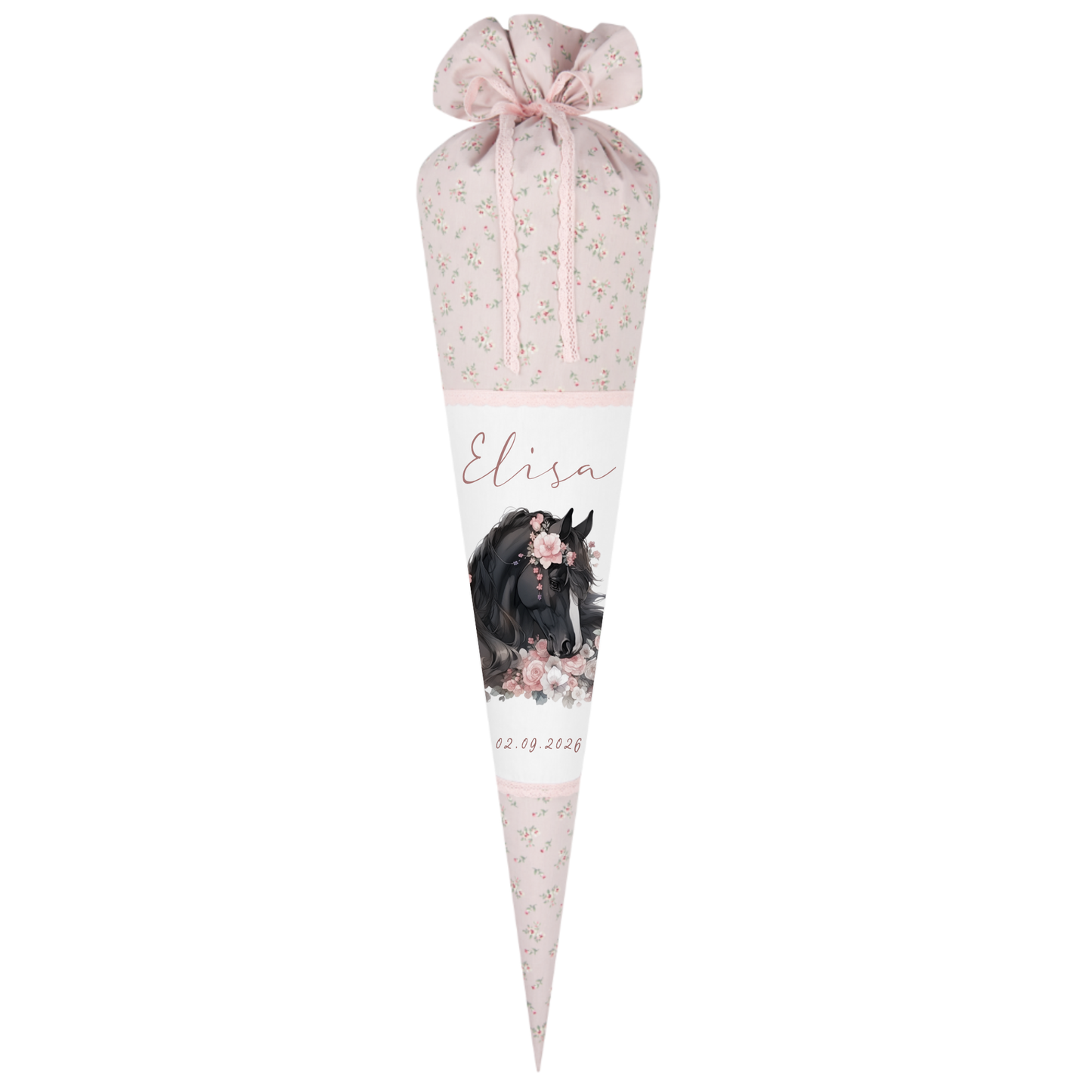 Pferd & Pony Stoff Schultüte für Mädchen mit Namen personalisiert Boho Zuckertüte Einschulungstüte Einschulung Datum Blumen Füllkissen 70 cm handgenäht I Optional mit Füllkissen und Spitzenschutz