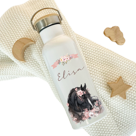 Trinkflasche Edelstahl mit Namen und Pferde Pony Motiv als Geschenk für Mädchen