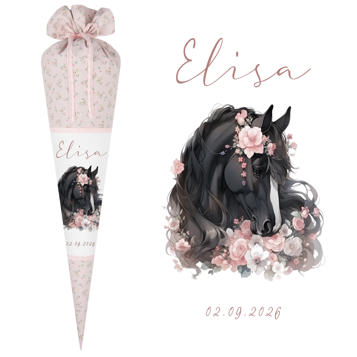 Pferd & Pony Stoff Schultüte für Mädchen mit Namen personalisiert Boho Zuckertüte Einschulungstüte Einschulung Datum Blumen Füllkissen 70 cm handgenäht I Optional mit Füllkissen und Spitzenschutz