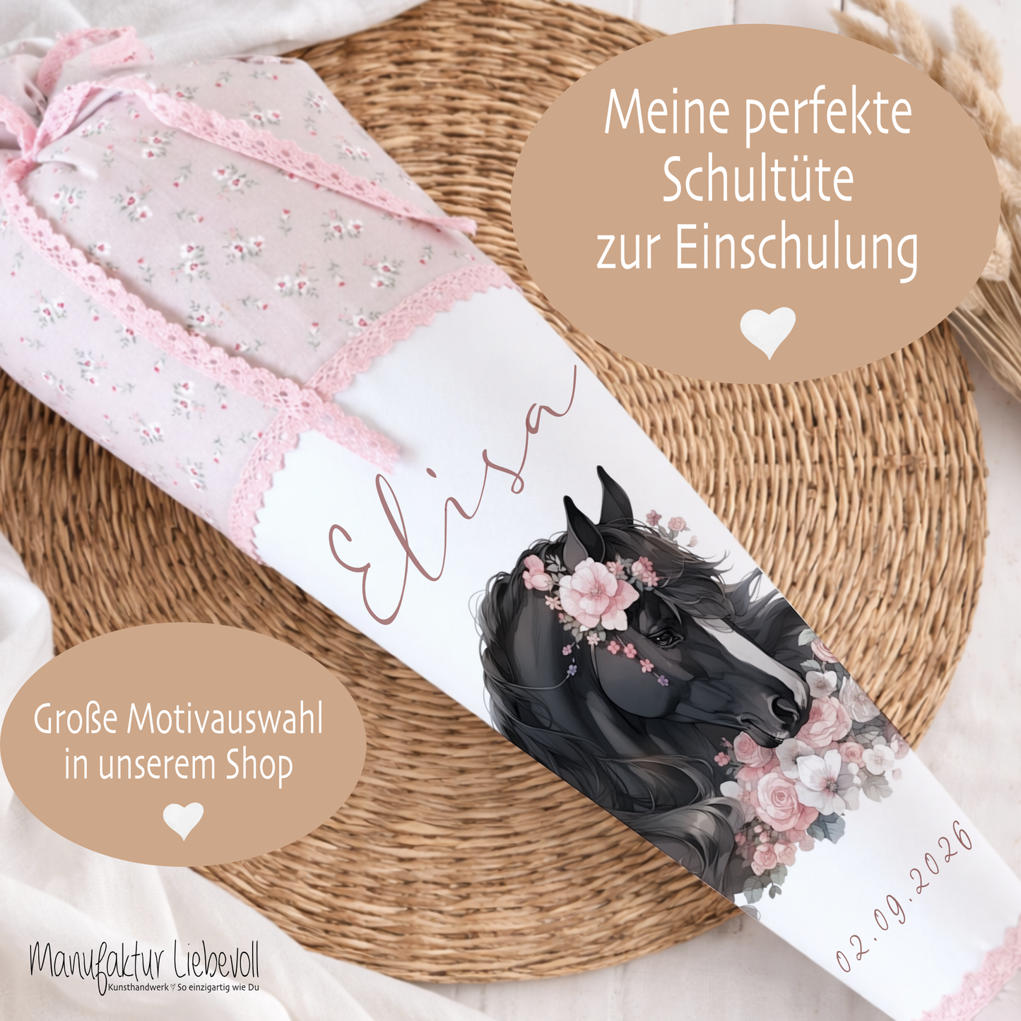 Pferd & Pony Stoff Schultüte für Mädchen mit Namen personalisiert Boho Zuckertüte Einschulungstüte Einschulung Datum Blumen Füllkissen 70 cm handgenäht I Optional mit Füllkissen und Spitzenschutz