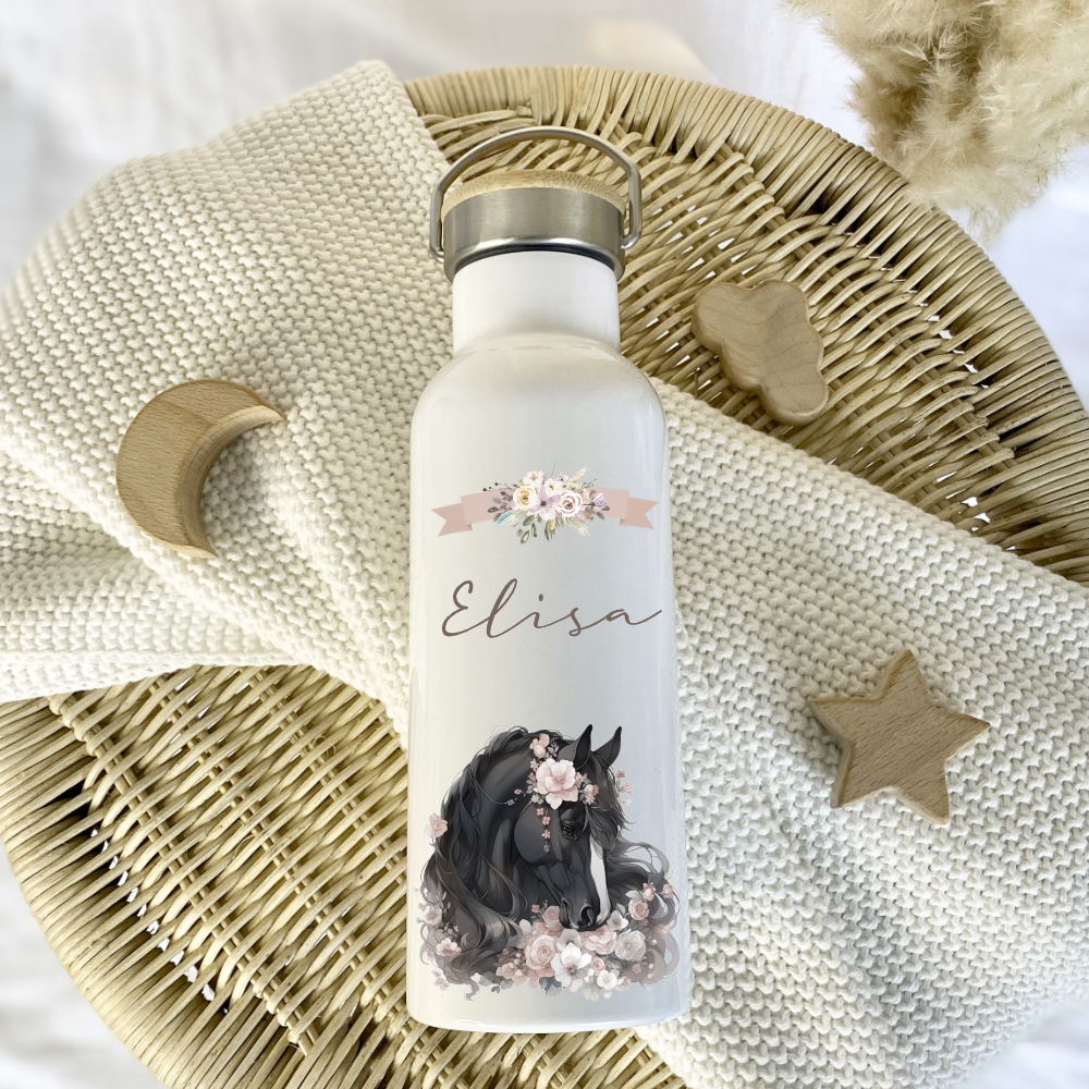 Trinkflasche Edelstahl mit Namen und Pferde Pony Motiv als Geschenk für Mädchen
